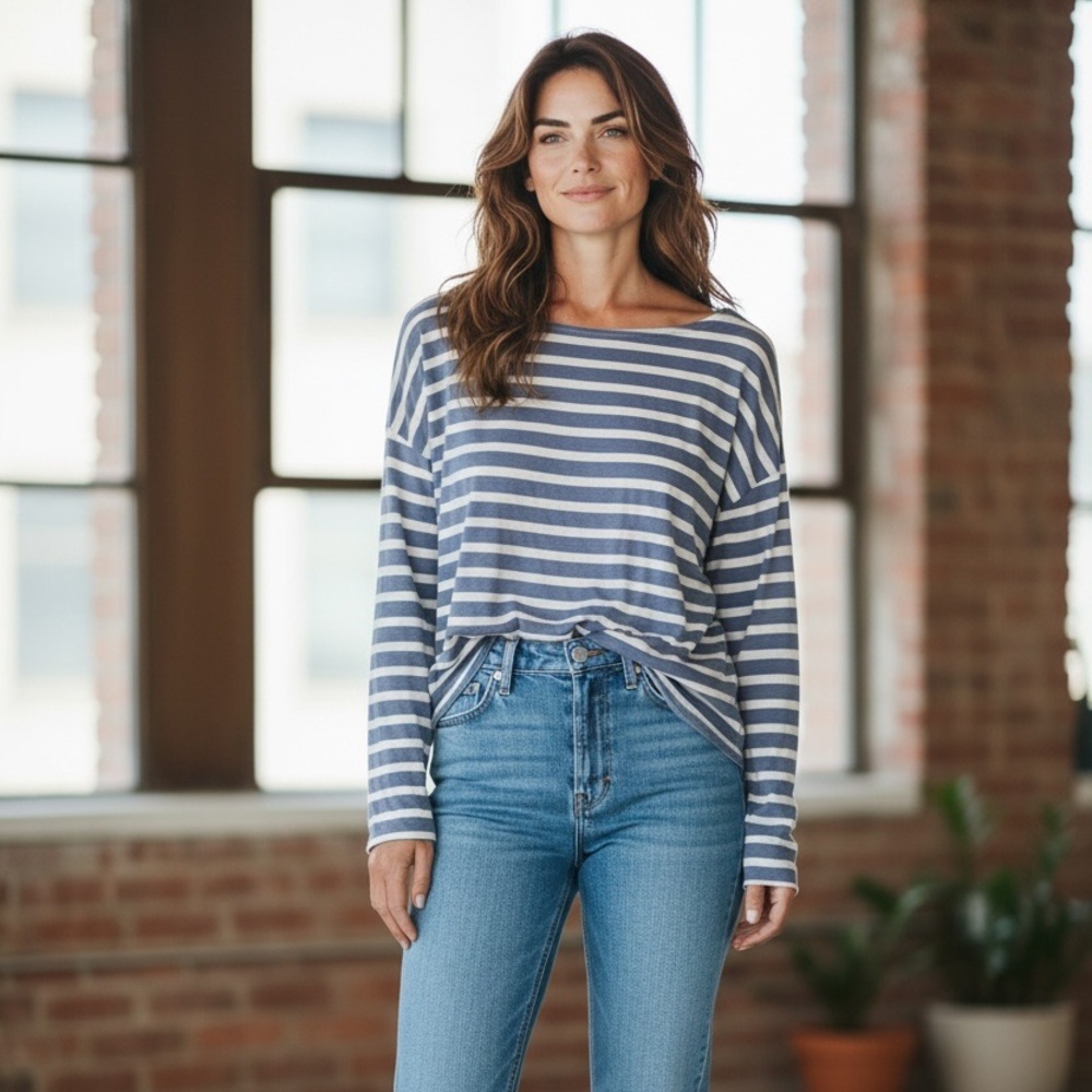 J. Crew Women's Blue  and White Striped Long Sleeve Tee. Size XL. - S